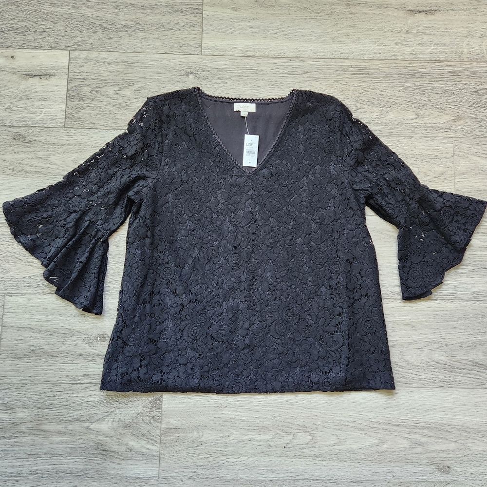 Loft Outlet Black Lace Top Womens Large Flare Sleeve V Neck Dressy Business - Picture 1 of 11